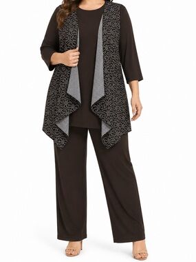 Attitudes by Renee  3-Piece Plus Size Pant Set Brown White 1X NWT